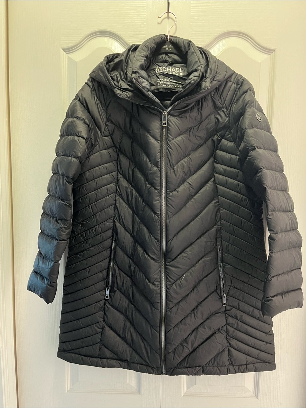 Michael Kors Black Chevron Quilted Long Puffer Coat with Hood